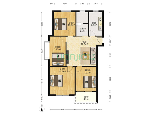 迎春南苑 4室1厅1卫 105平方