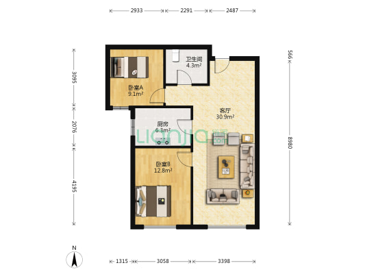 鸿坤南向2居格局好，楼栋好，采光充足 ，随时看房..-户型图
