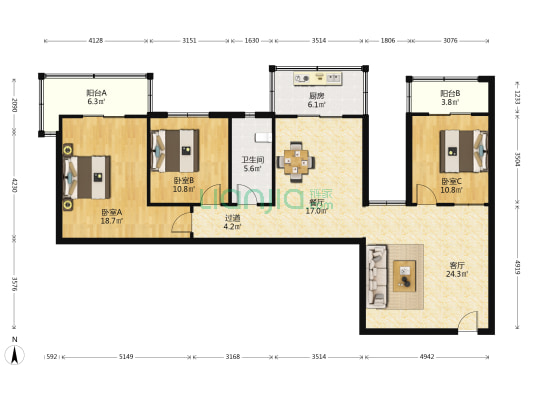 京都苑 3室2厅1卫 144平方