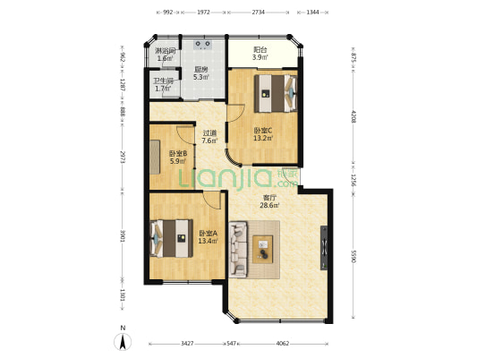 花园街小区 3室1厅2卫 102平方