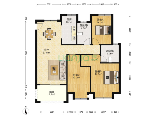金科中心一期 3室1厅2卫 126平方