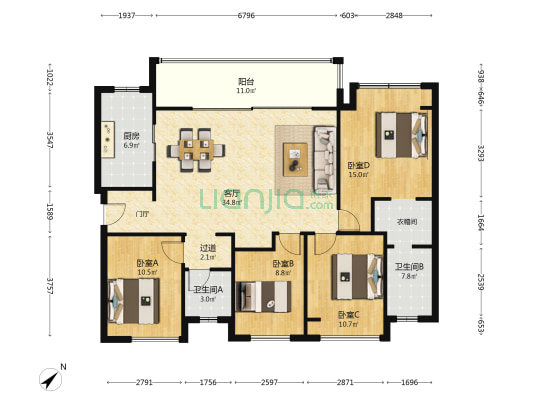保利时区 4室1厅2卫 135平方