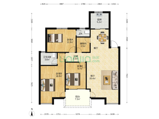 康居康园 3室1厅2卫 116平方