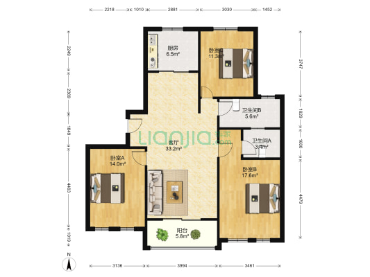 西继迅达花园 3室1厅2卫 135平方