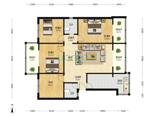 灵光街壹号院 4室1厅2卫 114平方