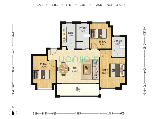 大华锦绣江来 3室1厅2卫 102平方