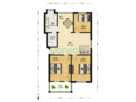 市场小区 3室2厅1卫 95平方