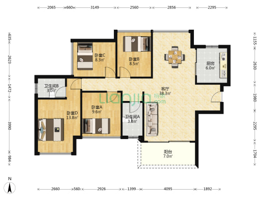 海港成珀丽轩 4室1厅2卫 115平方