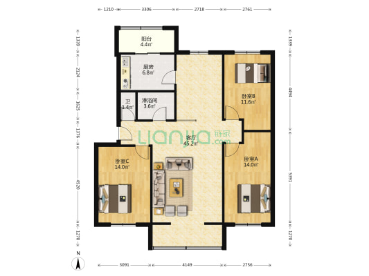 同心楼 3室1厅2卫 122平方