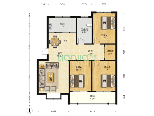 新天地中央华府 3室1厅1卫 122平方