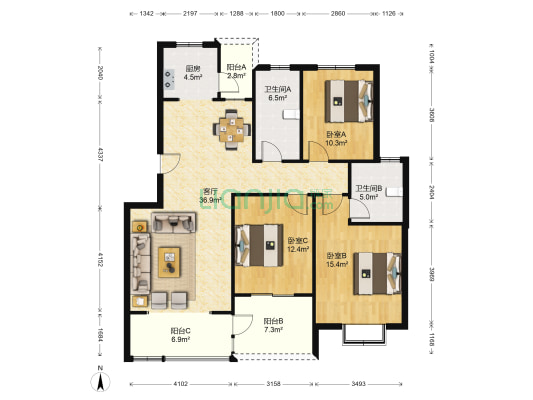凭海临风 3室1厅2卫 122平方