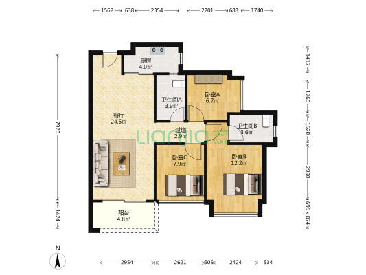 朗泓龙园大观二期 3室1厅2卫 89平方