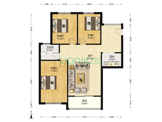 蓝堡城 3室1厅1卫 108平方