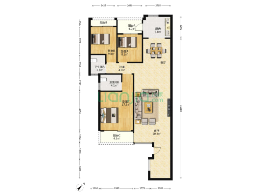 珠光新城3期 3室1厅2卫 119平方