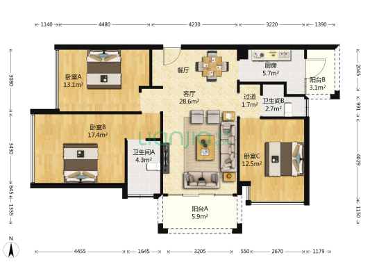 假日城市芳华 3室1厅2卫 122平方