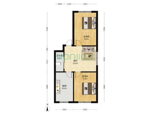 园乐园 2室1厅1卫 74平方