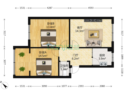 南大街197号 2室1厅1卫 68平方