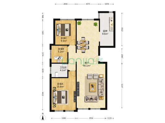 大湖山语 3室1厅1卫 120平方