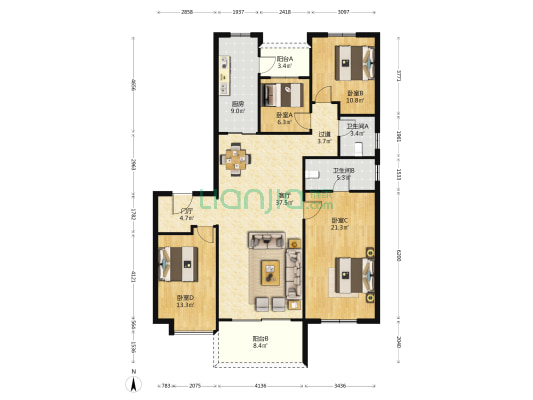 万科地铁天空之境 4室1厅2卫 155平方