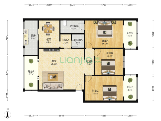 胜利村110号附1号 3室2厅2卫 127平方