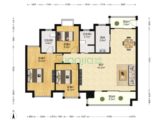 万科玖里 3室1厅2卫 128平方
