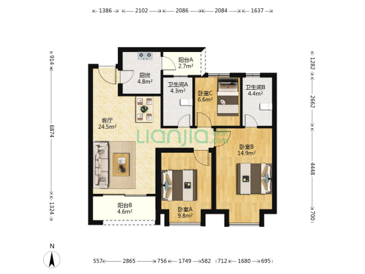 恒大逸合城一期 3室1厅2卫 101平方