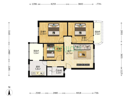 教师公寓(高新) 3室1厅1卫 79平方
