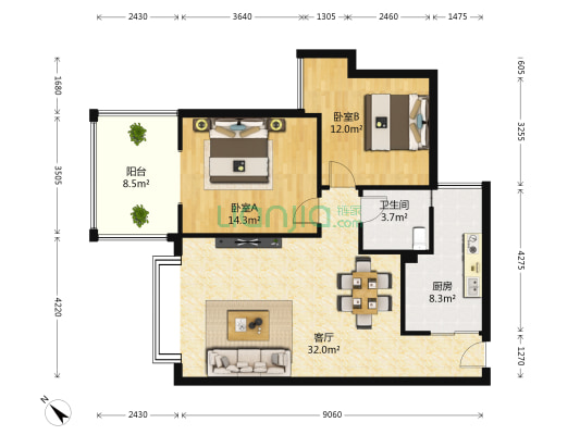 尚林家园 2室1厅1卫 87平方