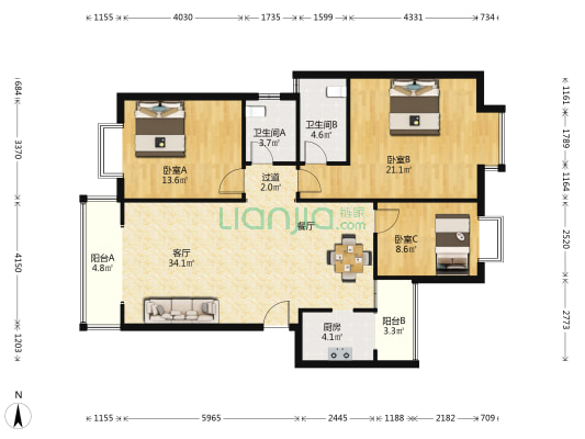兰庭丽都 3室1厅2卫 115平方
