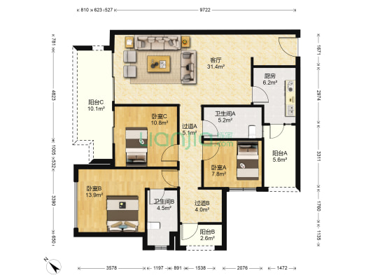 博翠藏山 3室1厅2卫 118平方