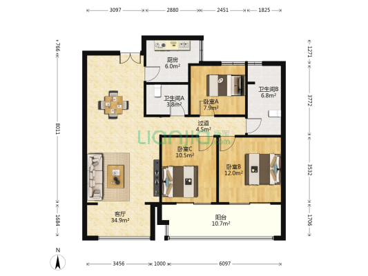 金满府 3室1厅2卫 107平方