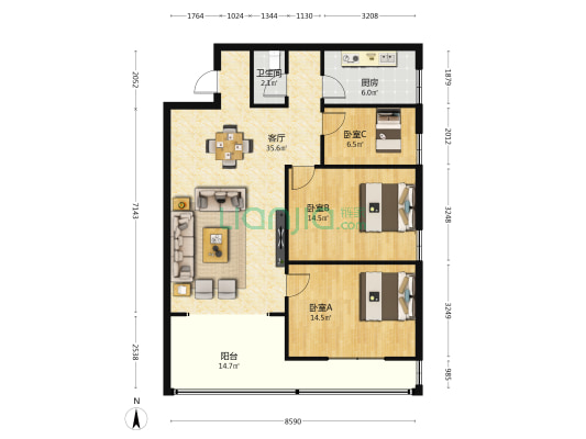 鼎源大厦 3室1厅1卫 105平方