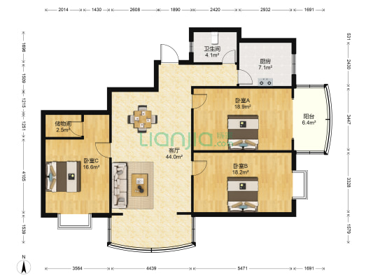 百顺居宿舍 3室1厅1卫 131平方