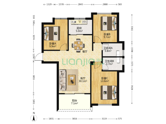 贵尊苑B区 3室1厅2卫 98平方