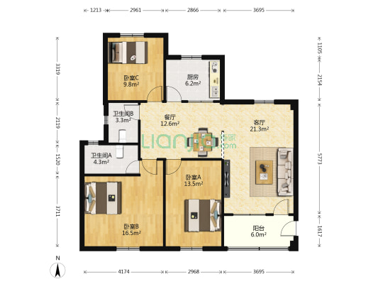 康裕园 3室2厅2卫 125平方