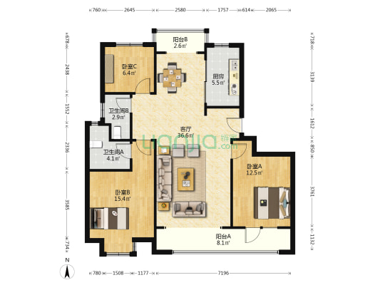 兰亭学府 3室1厅2卫 120平方