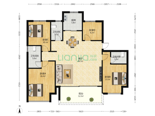 复兴华年 4室1厅3卫 165平方