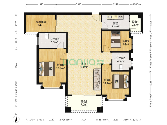 国华新都 4室1厅2卫 130平方