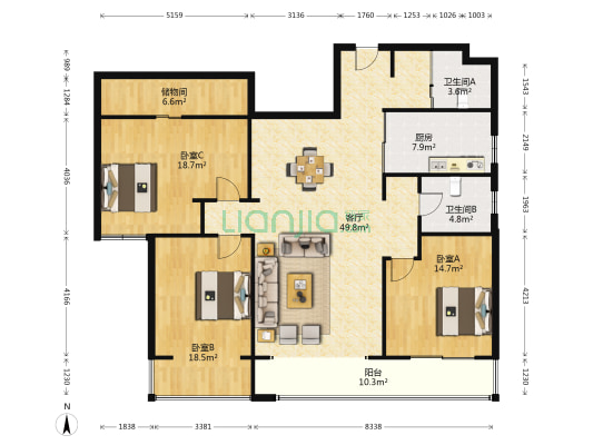 国大花园 3室1厅2卫 159平方