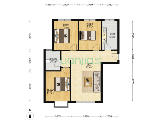 带装修南北三居 环境好 交通方便 公交车直达北京-户型图