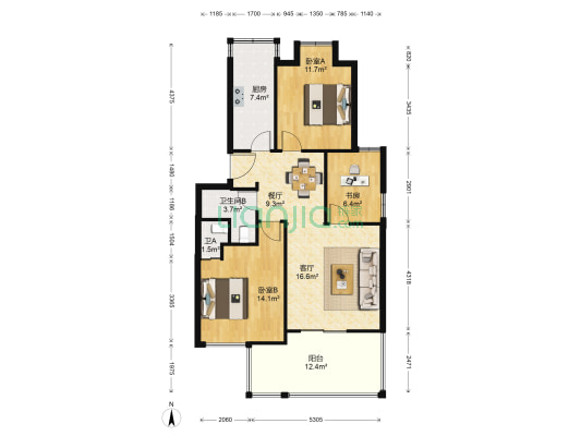 中尚橄榄树花园(南区) 3室2厅2卫 90平方