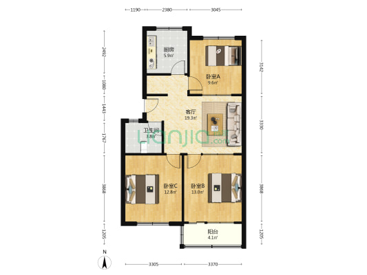 林业局宿舍楼 3室1厅1卫 86平方