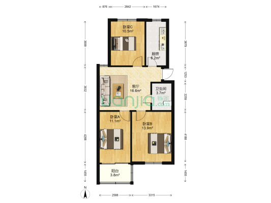 龙福花园 3室1厅1卫 80平方