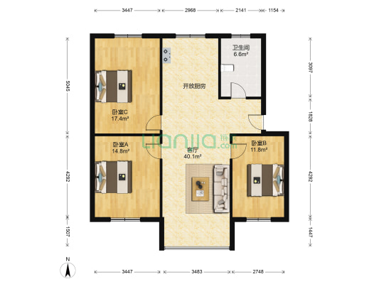 阳光家园北区 3室1厅1卫 121平方