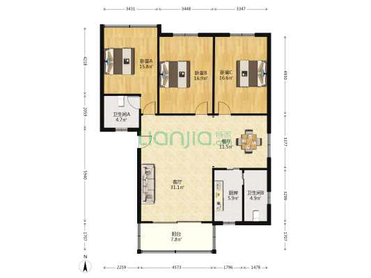 信芳商住楼 3室2厅2卫 131平方