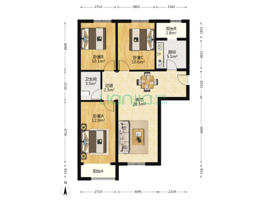 板桥南街8号院 3室1厅1卫 111平方