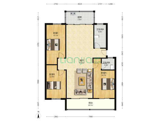 党校宿舍 3室1厅2卫 130平方