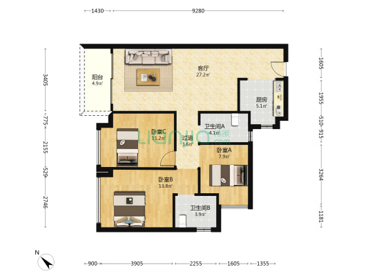 金地柏悦府 3室1厅2卫 103平方