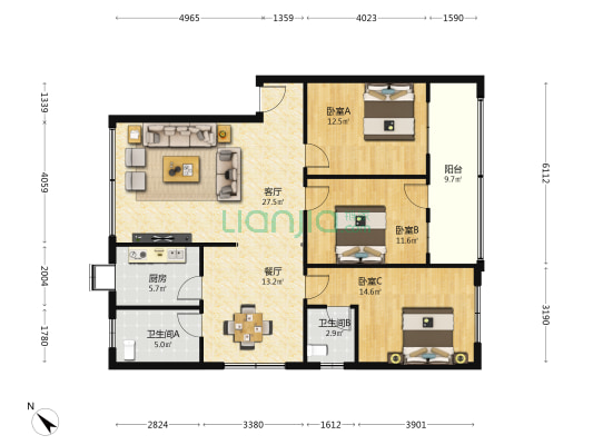 清枫公寓 3室2厅2卫 124平方