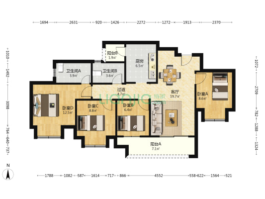 东原江山印月二期 4室1厅2卫 96平方